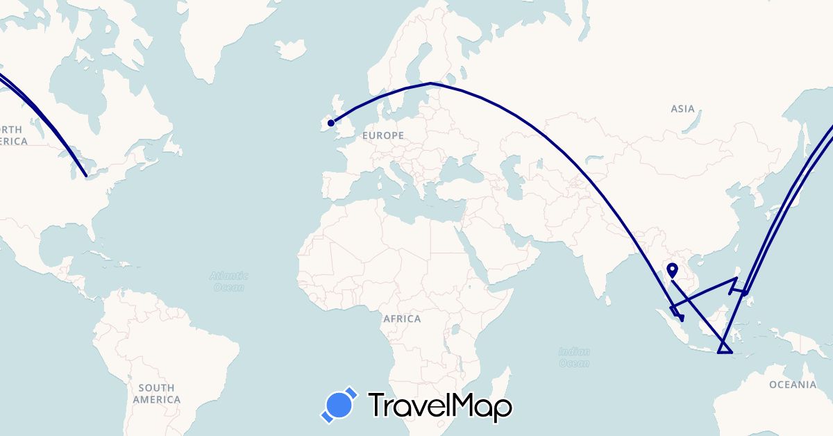 TravelMap itinerary: driving in Finland, Indonesia, Ireland, Malaysia, Philippines, Singapore, Thailand, United States (Asia, Europe, North America)